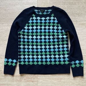 J Crew Women Argyle Crewneck‎ 100% Lambs Wool Sweater Y2K Preppy S Blue Green